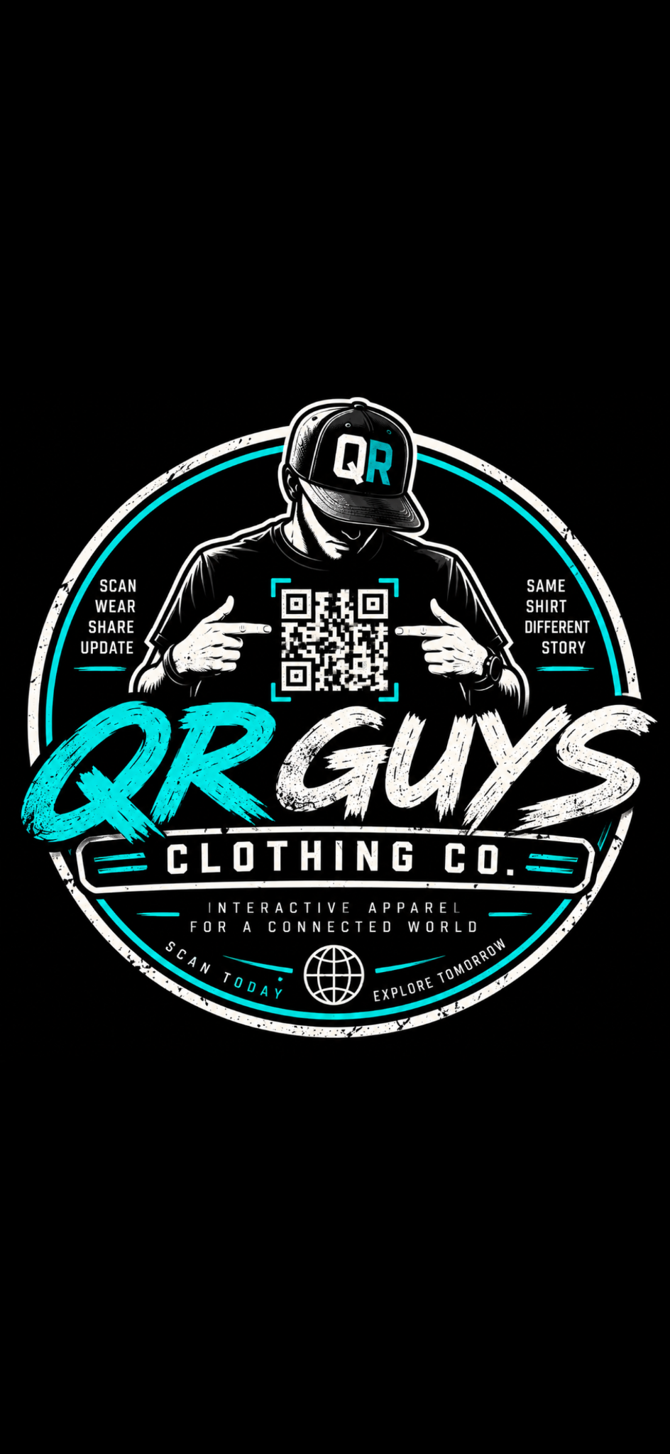 QR Guys Clothing Co. artwork featuring a man in a QR cap pointing to the QR code on his shirt, with turquoise and white lettering.